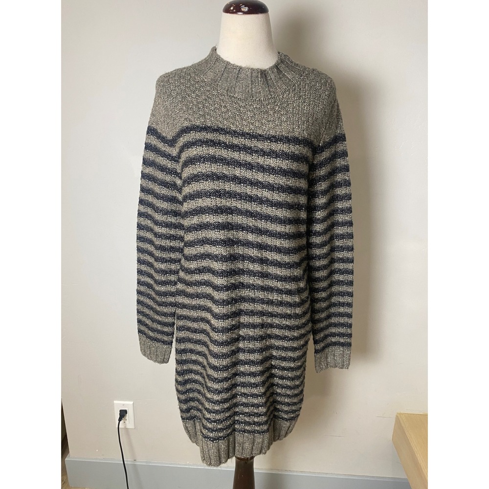 Abercrombie & Fitch Striped Knit Sweater Dress Grey Navy Blue Y2K Mock Neck L